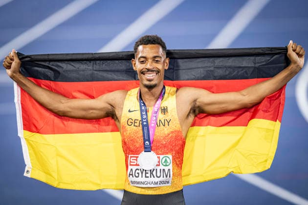 RECORD DATE NOT STATED 14th August 2026; Alexander Stadium, Birmingham, Midlands, England; 2026 European Athletics Championships, Day Five; Emil Agyekum (GER) celebrates winning silver in the mens 400m hurdles GodfreyxPitt