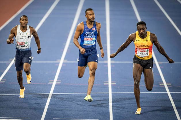 RECORD DATE NOT STATED 14th August 2026; Alexander Stadium, Birmingham, Midlands, England; 2026 European Athletics Championships, Day Five; Owen Ansah (GER) wins the mens 200m with Zharnel Hughes (GBR) in second and Eseosa Fostine Desalu (ITA) in third GodfreyxPitt