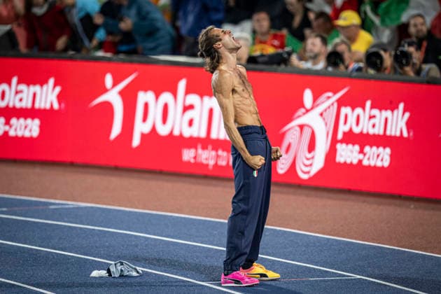 RECORD DATE NOT STATED 14th August 2026; Alexander Stadium, Birmingham, Midlands, England; 2026 European Athletics Championships, Day Five; Gianmarco Tamberi (ITA) celebrates winning the mens high jump GodfreyxPitt