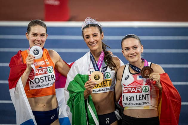 RECORD DATE NOT STATED 14th August 2026; Alexander Stadium, Birmingham, Midlands, England; 2026 European Athletics Championships, Day Five; Nadia Battocletti (ITA) celebrates winning gold in the womens 10000m final with Maureen Koster (NED) in second and Jana Van Lent (BEL) in third GodfreyxPitt