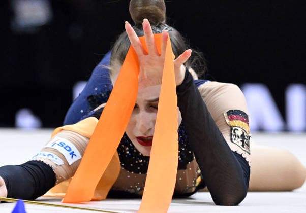 14.08.2026, xhbx, Rhythmische Sportgymnastik Weltmeisterschaft 2026, v.l. Darja Varfolomeev (Deutschland) Band ( Frankfurt am Main *** August 14, 2026, xhbx, 2026 Rhythmic Gymnastics World Championships, from left: Darja Varfolomeev, Germany, ribbon, Frankfurt am Main