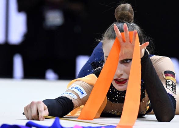 14.08.2026, xhbx, Rhythmische Sportgymnastik Weltmeisterschaft 2026, v.l. Darja Varfolomeev (Deutschland) Band ( Frankfurt am Main *** August 14, 2026, xhbx, 2026 Rhythmic Gymnastics World Championships, from left: Darja Varfolomeev, Germany, ribbon, Frankfurt am Main
