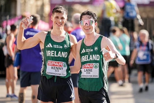 2026 European Athletics Championships, Alexander Stadium, Birmingham, England 16 8 2026 Half Marathon Race Walk Final Ireland™s David Kenny and Oisin Lane after the race David Kenny and Oisin Lane after the race 16 8 2026  Copyright: xx 0U6A5876
