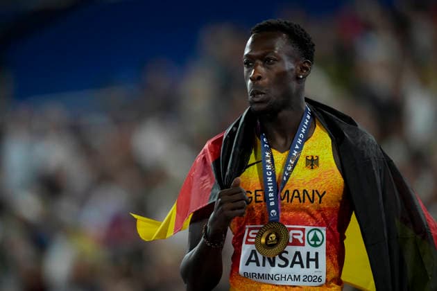 ATHLETICS - European Athletics Championships BIRMINGHAM,ENGLAND,14.AUG.26 - ATHLETICS - European Athletics Championships, 200m,Men. Image shows the rejoicing of Owen Ansah (GER). Keywords: medal.  GEPAxpictures xRanjithxKumar