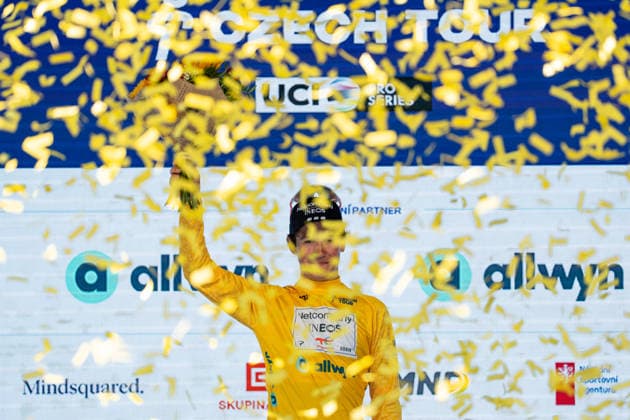 18th Czech Tour - Stage 2 Andrew August of the United States and Team Netcompany - INEOS celebrates on the podium as the stage winner and leader of the general, points, and youth classifications (yellow, green, and white jerseys) after the second stage of the Czech Tour 2026, a 155km stage from Mlada Boleslav (Skoda Museum) to Jested (Jestedka Mountain Hut), on August 14, 2026 in Liberec, Czech Republic. JeÅ¡tÄ›d Czech Republic  Copyright: xFilipxBezdÄ›kx originalFilename:bezdek-notitle260814_npb6P.jpg