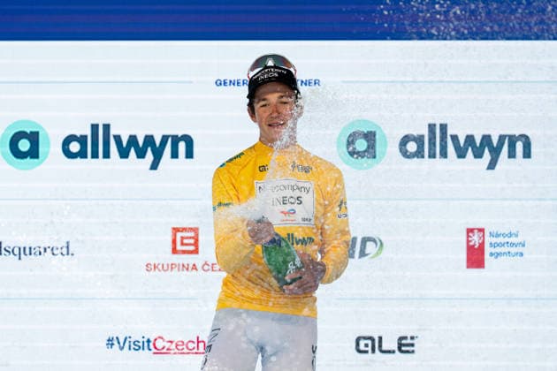 18th Czech Tour - Stage 2 Andrew August of the United States and Team Netcompany - INEOS celebrates on the podium as the stage winner and leader of the general, points, and youth classifications (yellow, green, and white jerseys) after the second stage of the Czech Tour 2026, a 155km stage from Mlada Boleslav (Skoda Museum) to Jested (Jestedka Mountain Hut), on August 14, 2026 in Liberec, Czech Republic. JeÅ¡tÄ›d Czech Republic  Copyright: xFilipxBezdÄ›kx originalFilename:bezdek-notitle260814_np07z.jpg