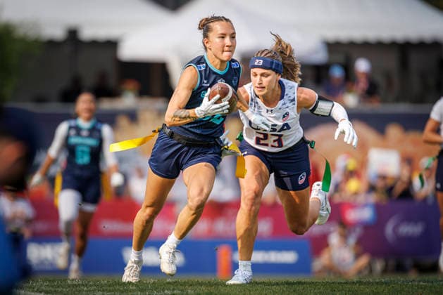 Quarter-final USA vs. Germany (GER), Day 3 Women at IFAF Flag Football Championships Düsseldorf 2026, 15.08.2026 Duesseldorf, Germany - Aug. 15, 2026: Zoe Kwandae Song (GER 82) during the Quarter-final match between USA vs. Germany (GER) on the third day of the Women IFAF Flag Football World Championships at the Bezirkssportanlage Duesseldorf Garath *** Quarterfinal: USA vs. Germany (GER), Day 3, Women s Division at the IFAF Flag Football Championships in Düsseldorf 2026, August 15, 2026, Düsseldorf, Germany. Zoe Kwandae Song (GER 82) during the quarterfinal match between the USA and Germany (GER) on the third day of the Women’s IFAF Flag Football World Championships at the Bezirkssportanlage Düsseldorf Garath Copyright: xBEAUTIFULxSPORTS B.Hoffmannx