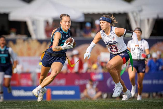 Quarter-final USA vs. Germany (GER), Day 3 Women at IFAF Flag Football Championships Düsseldorf 2026, 15.08.2026 Duesseldorf, Germany - Aug. 15, 2026: Zoe Kwandae Song (GER 82) during the Quarter-final match between USA vs. Germany (GER) on the third day of the Women IFAF Flag Football World Championships at the Bezirkssportanlage Duesseldorf Garath *** Quarterfinal: USA vs. Germany (GER), Day 3, Women s Division at the IFAF Flag Football Championships in Düsseldorf 2026, August 15, 2026, Düsseldorf, Germany. Zoe Kwandae Song (GER 82) during the quarterfinal match between the USA and Germany (GER) on the third day of the Women’s IFAF Flag Football World Championships at the Bezirkssportanlage Düsseldorf Garath Copyright: xBEAUTIFULxSPORTS B.Hoffmannx