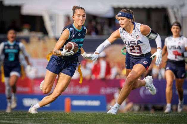Quarter-final USA vs. Germany (GER), Day 3 Women at IFAF Flag Football Championships Düsseldorf 2026, 15.08.2026 Duesseldorf, Germany - Aug. 15, 2026: Zoe Kwandae Song (GER 82) during the Quarter-final match between USA vs. Germany (GER) on the third day of the Women IFAF Flag Football World Championships at the Bezirkssportanlage Duesseldorf Garath *** Quarterfinal: USA vs. Germany (GER), Day 3, Women s Division at the IFAF Flag Football Championships in Düsseldorf 2026, August 15, 2026, Düsseldorf, Germany. Zoe Kwandae Song (GER 82) during the quarterfinal match between the USA and Germany (GER) on the third day of the Women’s IFAF Flag Football World Championships at the Bezirkssportanlage Düsseldorf Garath Copyright: xBEAUTIFULxSPORTS B.Hoffmannx