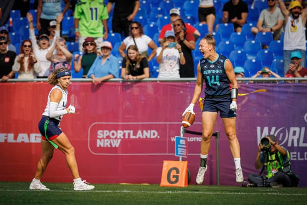 Quarter-final USA vs. Germany (GER), Day 3 Women at IFAF Flag Football Championships Düsseldorf 2026, 15.08.2026 Duesseldorf, Germany - Aug. 15, 2026: Zoe Kwandae Song (GER 82) during the Quarter-final match between USA vs. Germany (GER) on the third day of the Women IFAF Flag Football World Championships at the Bezirkssportanlage Duesseldorf Garath *** Quarterfinal: USA vs. Germany (GER), Day 3, Women s Division at the IFAF Flag Football Championships in Düsseldorf 2026, August 15, 2026, Düsseldorf, Germany. Zoe Kwandae Song (GER 82) during the quarterfinal match between the USA and Germany (GER) on the third day of the Women’s IFAF Flag Football World Championships at the Bezirkssportanlage Düsseldorf Garath Copyright: xBEAUTIFULxSPORTS B.Hoffmannx