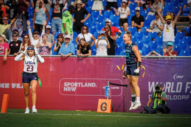 Quarter-final USA vs. Germany (GER), Day 3 Women at IFAF Flag Football Championships Düsseldorf 2026, 15.08.2026 Duesseldorf, Germany - Aug. 15, 2026: Zoe Kwandae Song (GER 82) during the Quarter-final match between USA vs. Germany (GER) on the third day of the Women IFAF Flag Football World Championships at the Bezirkssportanlage Duesseldorf Garath *** Quarterfinal: USA vs. Germany (GER), Day 3, Women s Division at the IFAF Flag Football Championships in Düsseldorf 2026, August 15, 2026, Düsseldorf, Germany. Zoe Kwandae Song (GER 82) during the quarterfinal match between the USA and Germany (GER) on the third day of the Women’s IFAF Flag Football World Championships at the Bezirkssportanlage Düsseldorf Garath Copyright: xBEAUTIFULxSPORTS B.Hoffmannx