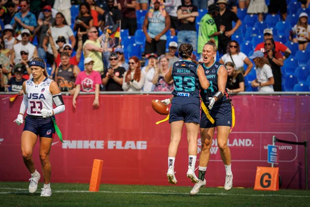 Quarter-final USA vs. Germany (GER), Day 3 Women at IFAF Flag Football Championships Düsseldorf 2026, 15.08.2026 Duesseldorf, Germany - Aug. 15, 2026: Carla Charlotte Törner (GER 14) and Lina Kristin Adrian (GER 33) during the Quarter-final match between USA vs. Germany (GER) on the third day of the Women IFAF Flag Football World Championships at the Bezirkssportanlage Duesseldorf Garath *** Quarterfinal: USA vs. Germany (GER), Day 3, Women s Division at the IFAF Flag Football World Championships in Düsseldorf 2026, August 15, 2026, Düsseldorf, Germany, Aug. 15, 2026 Carla Charlotte Törner (GER 14) and Lina Kristin Adrian (GER 33) during the quarterfinal match between the USA and Germany (GER) on the third day of the Women’s IFAF Flag Football World Championships at the Bezirkssportanlage Düsseldorf Garath Copyright: xBEAUTIFULxSPORTS B.Hoffmannx