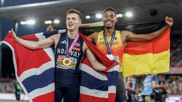 BIRMINGHAM, GREAT BRITAIN - AUGUST 14, 2026: Karsten WARHOLM (NOR Norway Gold), Emil AGYEKUM (GER Germany Silver), 400m hurdles final during the European Athletics Championships at Alexander Stadium on August 14, 2026 in Birmingham, Great Britain. Great Britain Copyright: xAxelxKohringx