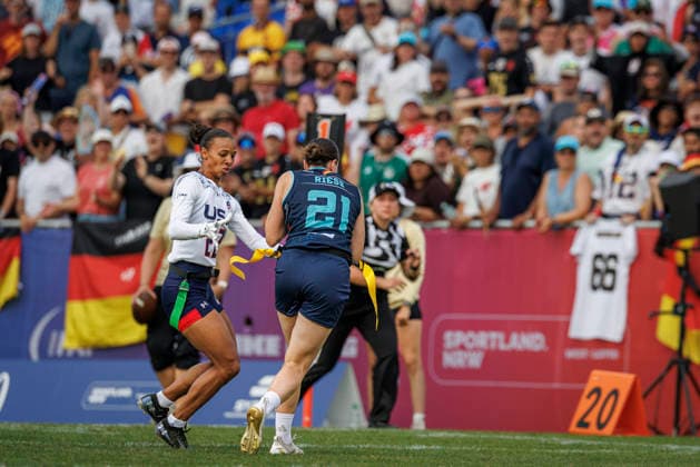 Quarter-final USA vs. Germany (GER), Day 3 Women at IFAF Flag Football Championships Düsseldorf 2026, 15.08.2026 Duesseldorf, Germany - Aug. 15, 2026: + during the Quarter-final match between USA vs. Germany (GER) on the third day of the Women IFAF Flag Football World Championships at the Bezirkssportanlage Duesseldorf Garath *** Quarterfinal: USA vs. Germany (GER), Day 3 of the Women’s IFAF Flag Football World Championships in Düsseldorf 2026, August 15, 2026, Düsseldorf, Germany—August 15, 2026, during the quarterfinal match between the USA and Germany (GER) on the third day of the Women’s IFAF Flag Football World Championships at the Bezirkssportanlage Düsseldorf Garath Copyright: xBEAUTIFULxSPORTS B.Hoffmannx
