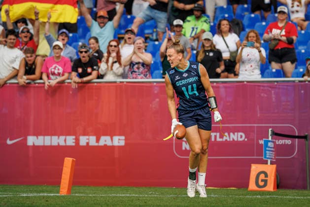 Quarter-final USA vs. Germany (GER), Day 3 Women at IFAF Flag Football Championships Düsseldorf 2026, 15.08.2026 Duesseldorf, Germany - Aug. 15, 2026: Carla Charlotte Törner (GER 14) and Lina Kristin Adrian (GER 33) during the Quarter-final match between USA vs. Germany (GER) on the third day of the Women IFAF Flag Football World Championships at the Bezirkssportanlage Duesseldorf Garath *** Quarterfinal: USA vs. Germany (GER), Day 3, Women s Division at the IFAF Flag Football World Championships in Düsseldorf 2026, August 15, 2026, Düsseldorf, Germany, Aug. 15, 2026 Carla Charlotte Törner (GER 14) and Lina Kristin Adrian (GER 33) during the quarterfinal match between the USA and Germany (GER) on the third day of the Women’s IFAF Flag Football World Championships at the Bezirkssportanlage Düsseldorf Garath Copyright: xBEAUTIFULxSPORTS B.Hoffmannx
