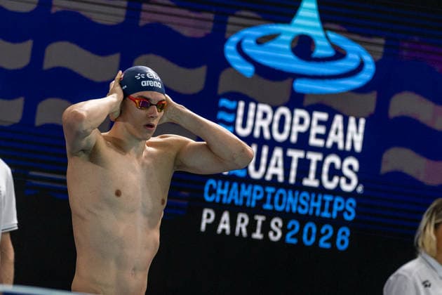 SWIMMING - EAC 2026 PARIS,FRANCE,15.AUG.26 - SWIMMING - European Aquatics Championships Paris 2026, 4x100m individual medley, men. Image shows Laurin Korber-Perner (AUT).  GEPAxpictures xPhilippxBrem