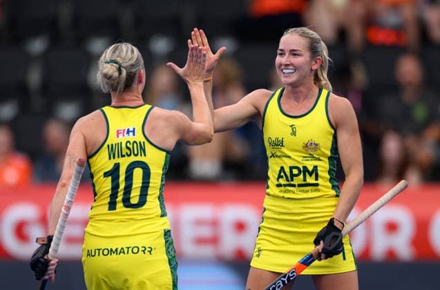 Hockey World Cup Day One Claire Colwill of Australia Women (Hockeyroos) celebrates scoring her second goal during the Pool A match between Australia and Japan in the 2026 Women™s FIH Hockey World Cup at Wagener Stadium, Amstelveen 15 08 2026 UK Newspapers OUT Copyright: xGraemexWilcocksonx FIL-23774-0008