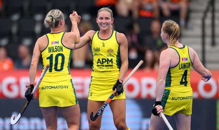 Hockey World Cup Day One Claire Colwill of Australia Women (Hockeyroos) celebrates scoring her second goal during the Pool A match between Australia and Japan in the 2026 Women™s FIH Hockey World Cup at Wagener Stadium, Amstelveen 15 08 2026 UK Newspapers OUT Copyright: xGraemexWilcocksonx FIL-23774-0009