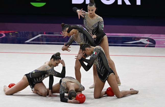 15.08.2026, xhbx, Rhythmische Sportgymnastik Weltmeisterschaft 2026, v.l. Team, Gruppe, Group, Mannschaft Italien, Italy Ball Frankfurt am Main *** August 15, 2026, xhbx, 2026 Rhythmic Gymnastics World Championships, from left: Team, Group, Italy, Ball, Frankfurt am Main
