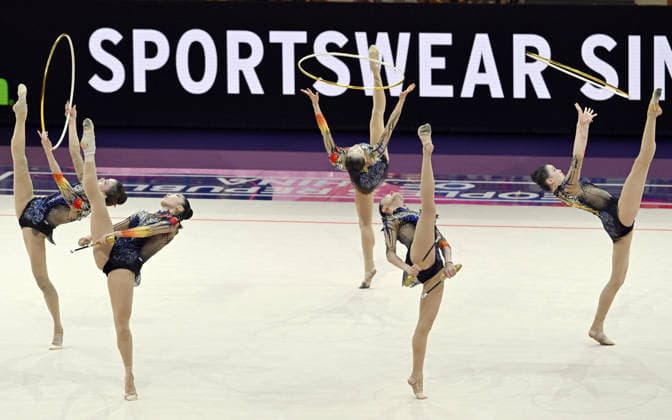 15.08.2026, xhbx, Rhythmische Sportgymnastik Weltmeisterschaft 2026, v.l. Team, Gruppe, Group, Mannschaft China Reifen Frankfurt am Main *** August 15, 2026, xhbx, 2026 Rhythmic Gymnastics World Championships, from left: Team, Group, China Hoop Team, Frankfurt am Main