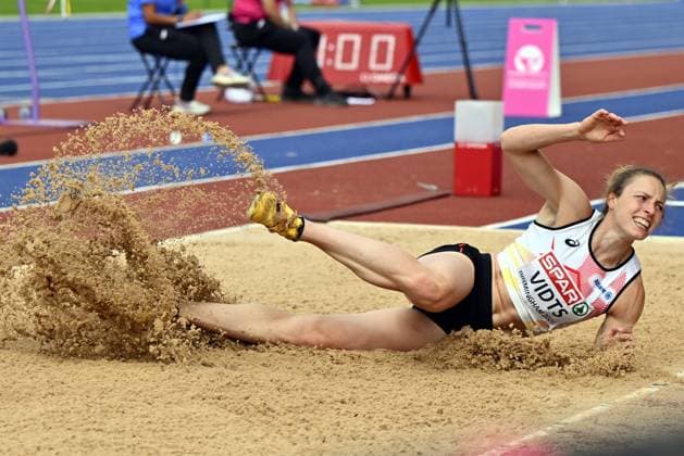 Belgian athlete Vidts Noor pictured in action during the long jump event of the women s heptathlon competition, at the European Athletics Championships (August 10-18) in Birmingham, United Kingdom, on Saturday 15 August 2026. ERICxLALMAND  x183421035x