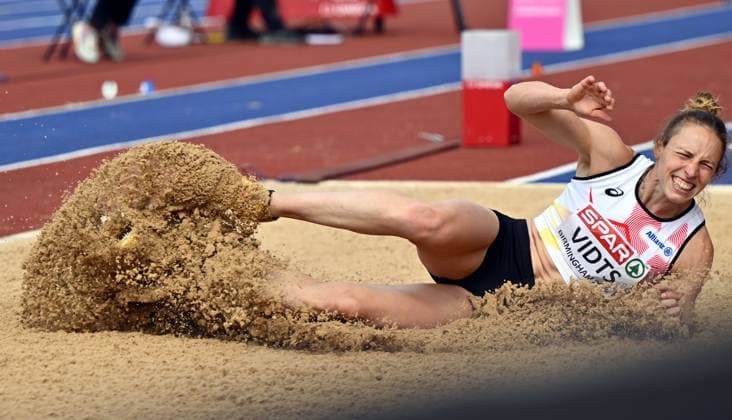 Belgian athlete Vidts Noor pictured in action during the long jump event of the women s heptathlon competition, at the European Athletics Championships (August 10-18) in Birmingham, United Kingdom, on Saturday 15 August 2026. ERICxLALMAND  x183421075x