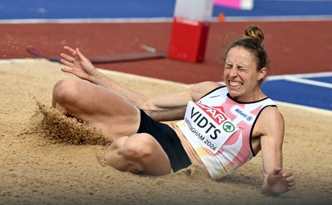 Belgian athlete Vidts Noor pictured in action during the long jump event of the women s heptathlon competition, at the European Athletics Championships (August 10-18) in Birmingham, United Kingdom, on Saturday 15 August 2026. ERICxLALMAND  x183421077x