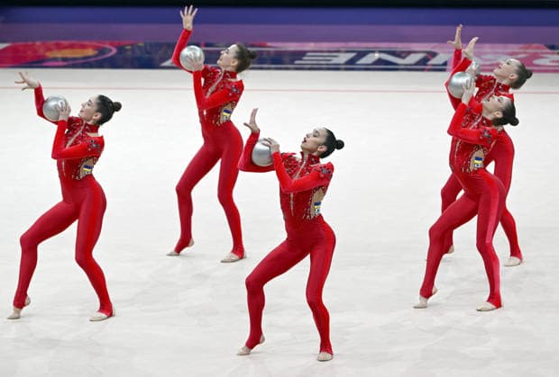 15.08.2026, xhbx, Rhythmische Sportgymnastik Weltmeisterschaft 2026, v.l. Team, Gruppe, Group, Mannschaft Ukraine Ball Frankfurt am Main *** August 15, 2026, xhbx, 2026 Rhythmic Gymnastics World Championships, v l Team, Group, Ukraine Ball, Frankfurt am Main