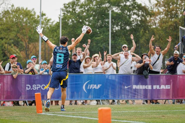 Quarter-final Italy (ITA) vs. Germany (GER), Day 3 Men at IFAF Flag Football Championships Düsseldorf 2026, 15.08.2026 Duesseldorf, Germany - Aug. 15, 2026: Malik Al-Kahlout (GER 8) during the Quarter-final match between Italy (ITA) vs. Germany (GER) on the third day of the Men IFAF Flag Football World Championships at the Bezirkssportanlage Duesseldorf Garath *** Quarterfinal: Italy (ITA) vs. Germany (GER), Day 3, Men s Division at the IFAF Flag Football Championships in Düsseldorf 2026, August 15, 2026, Düsseldorf, Germany. Malik Al Kahlout (GER) scored an 8-point touchdown during the quarterfinal match between Italy (ITA) and Germany (GER) on the third day of the Men’s IFAF Flag Football World Championships at the Bezirkssportanlage Düsseldorf Garath. Copyright: xBEAUTIFULxSPORTS B.Hoffmannx