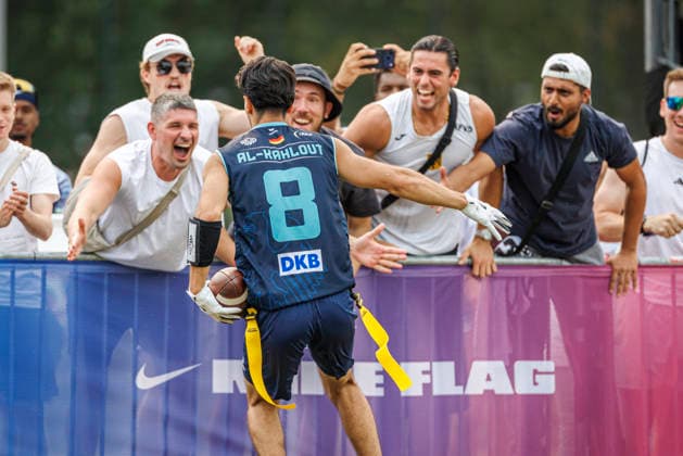 Quarter-final Italy (ITA) vs. Germany (GER), Day 3 Men at IFAF Flag Football Championships Düsseldorf 2026, 15.08.2026 Duesseldorf, Germany - Aug. 15, 2026: Malik Al-Kahlout (GER 8) during the Quarter-final match between Italy (ITA) vs. Germany (GER) on the third day of the Men IFAF Flag Football World Championships at the Bezirkssportanlage Duesseldorf Garath *** Quarterfinal: Italy (ITA) vs. Germany (GER), Day 3, Men s Division at the IFAF Flag Football Championships in Düsseldorf 2026, August 15, 2026, Düsseldorf, Germany. Malik Al Kahlout (GER) scored an 8-point touchdown during the quarterfinal match between Italy (ITA) and Germany (GER) on the third day of the Men’s IFAF Flag Football World Championships at the Bezirkssportanlage Düsseldorf Garath. Copyright: xBEAUTIFULxSPORTS B.Hoffmannx
