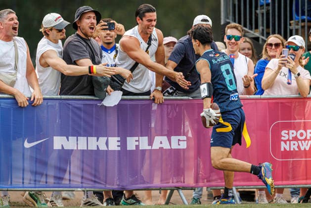Quarter-final Italy (ITA) vs. Germany (GER), Day 3 Men at IFAF Flag Football Championships Düsseldorf 2026, 15.08.2026 Duesseldorf, Germany - Aug. 15, 2026: Malik Al-Kahlout (GER 8) during the Quarter-final match between Italy (ITA) vs. Germany (GER) on the third day of the Men IFAF Flag Football World Championships at the Bezirkssportanlage Duesseldorf Garath *** Quarterfinal: Italy (ITA) vs. Germany (GER), Day 3, Men s Division at the IFAF Flag Football Championships in Düsseldorf 2026, August 15, 2026, Düsseldorf, Germany. Malik Al Kahlout (GER) scored an 8-point touchdown during the quarterfinal match between Italy (ITA) and Germany (GER) on the third day of the Men’s IFAF Flag Football World Championships at the Bezirkssportanlage Düsseldorf Garath. Copyright: xBEAUTIFULxSPORTS B.Hoffmannx