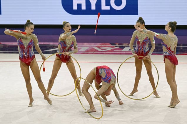 15.08.2026, xhbx, Rhythmische Sportgymnastik Weltmeisterschaft 2026, v.l. Team, Gruppe, Group, Mannschaft Italien, Keulen, Reifen Frankfurt am Main *** August 15, 2026, xhbx, 2026 Rhythmic Gymnastics World Championships, from left: Team, Group, Italy, Clubs, Hoop, Frankfurt am Main
