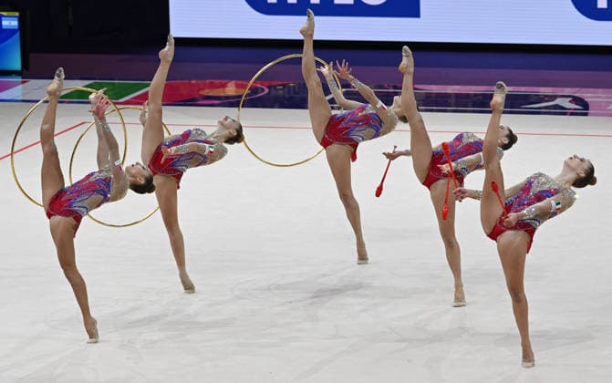 15.08.2026, xhbx, Rhythmische Sportgymnastik Weltmeisterschaft 2026, v.l. Team, Gruppe, Group, Mannschaft Italien, Keulen, Reifen Frankfurt am Main *** August 15, 2026, xhbx, 2026 Rhythmic Gymnastics World Championships, from left: Team, Group, Italy, Clubs, Hoop, Frankfurt am Main