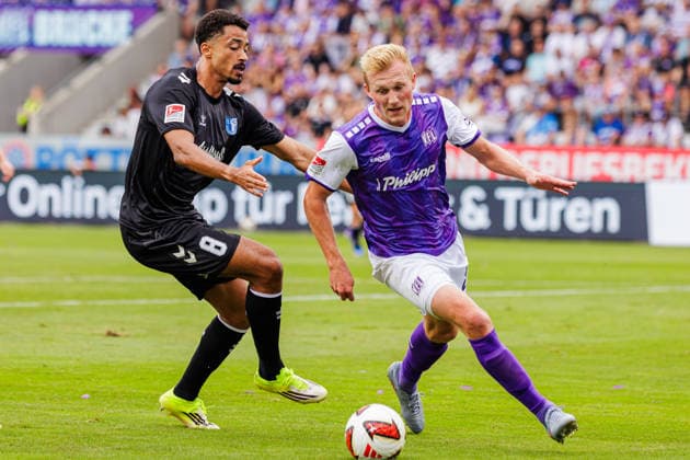 (L-R) Emmanuel Iyoha (1. FC Magdeburg, 08) im Zweikampf mit Niklas Wiemann (VfL Osnabrueck, 25) GER, VfL Osnabrueck vs. 1. FC Magdeburg, Fussball, 2. Bundesliga, 2. Spieltag, Spielzeit 2026 2027, 15.08.2026 DFL Regulations prohibit any use of photographers as image sequences and or quasi-video. GER, VfL Osnabrueck vs. 1. FC Magdeburg, Fussball, 2. Bundesliga, 2. Spieltag, Spielzeit 2026 2027, 15.08.2026 Osnabrueck *** L R Emmanuel Iyoha, 1 FC Magdeburg, 08, in a tackle with Niklas Wiemann, VfL Osnabrück, 25, GER, VfL Osnabrück vs. 1 FC Magdeburg, Soccer, 2. Bundesliga, Matchday 2, 2026–2027 season, August 15, 2026 DFL regulations prohibit any use of photographs as image sequences and or quasi-video GER, VfL Osnabrück vs. 1 FC Magdeburg, soccer, 2. Bundesliga, Matchday 2, 2026–2027 season, August 15, 2026 Osnabrück Copyright: xEibner-Pressefoto JanxRollingerx EP_JSK
