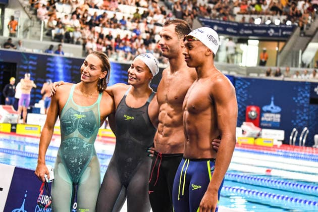 NATATION : Championnat d europe de natation 2026 - PARIS - 15 08 2026 Roman Fuchs (FRA) Sauveur Cristofini (FRA) Giulia Rossi-Bene (FRA) Lucile Tessariol (FRA) Saint DenisFrance  Copyright: xBaptistexAutissierx