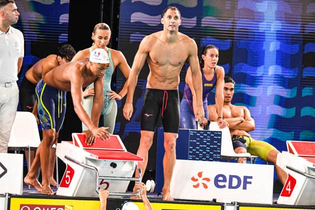NATATION : Championnat d europe de natation 2026 - PARIS - 15 08 2026 Roman Fuchs (FRA) Sauveur Cristofini (FRA) Giulia Rossi-Bene (FRA) Saint DenisFrance  Copyright: xBaptistexAutissierx