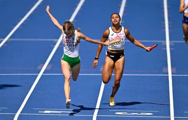 Belgian Delphine Nkansa celebrates as he crosses the finish line at the first round of the women s 4x100m relay race, on the seventh day of the European Athletics Championships (August 10-18) in Birmingham, United Kingdom, on Saturday 15 August 2026. ERICxLALMAND  x183427261x