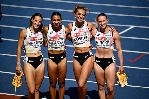Belgian Janie De Nayer; Belgian Delphine Nkansa; Belgian Rani Rosius and Belgian Rani Vincke pictured after the first round of the women s 4x100m relay race, on the seventh day of the European Athletics Championships (August 10-18) in Birmingham, United Kingdom, on Saturday 15 August 2026. ERICxLALMAND  x183427308x