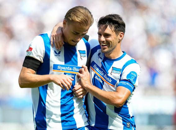 Marten Winkler ( 22) feiert nach seinem Tor gemeinsam mit Josip Brekalo ( 7). GER, Hertha BSC vs 1.FC Heidenheim 1846, 2. Bundesliga, 2. Spieltag, Saison 2026-27, 15.08.2026 DFL REGULATIONS PROHIBIT ANY USE OF PHOTOGRAPHS AS IMAGE SEQUENCES AND OR QUASI-VIDEO GER, Hertha BSC vs 1.FC Heidenheim 1846, 2. Bundesliga, 2. Spieltag, Saison 2026-27, 15.08.2026 Berlin *** Marten Winkler 22 celebrates his goal alongside Josip Brekalo 7 GER, Hertha BSC vs. 1 FC Heidenheim 1846, 2. Bundesliga, Matchday 2, 2026–27 season, August 15, 2026. DFL regulations prohibit any use of photographs as image sequences and or quasi-video. GER, Hertha BSC vs. 1 FC Heidenheim 1846, 2. Bundesliga, Matchday 2, 2026–27 season, August 15, 2026, Berlin Copyright: xEibner-Pressefoto ScottxColemanx EP_SCN