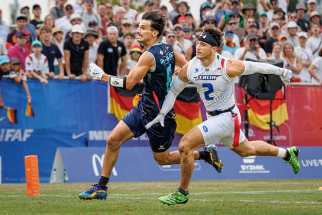 Quarter-final Italy (ITA) vs. Germany (GER), Day 3 Men at IFAF Flag Football Championships Düsseldorf 2026, 15.08.2026 Duesseldorf, Germany - Aug. 15, 2026: Malik Al-Kahlout (GER 8) and enry Blackburn (ITA 2) during the Quarter-final match between Italy (ITA) vs. Germany (GER) on the third day of the Men IFAF Flag Football World Championships at the Bezirkssportanlage Duesseldorf Garath *** Quarterfinal: Italy (ITA) vs. Germany (GER), Day 3, Men s Division at the IFAF Flag Football Championships in Düsseldorf 2026, August 15, 2026, Düsseldorf, Germany, Aug. 15, 2026 Malik Al Kahlout (GER) 8 and Henry Blackburn (ITA) 2 during the quarterfinal match between Italy (ITA) and Germany (GER) on the third day of the Men’s IFAF Flag Football World Championships at the Bezirkssportanlage Düsseldorf Garath Copyright: xBEAUTIFULxSPORTS B.Hoffmannx