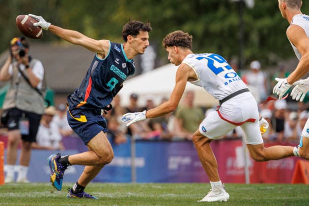 Quarter-final Italy (ITA) vs. Germany (GER), Day 3 Men at IFAF Flag Football Championships Düsseldorf 2026, 15.08.2026 Duesseldorf, Germany - Aug. 15, 2026: Malik Al-Kahlout (GER 8) and DANIELE ANGELO LATORRACA (ITA 29) during the Quarter-final match between Italy (ITA) vs. Germany (GER) on the third day of the Men IFAF Flag Football World Championships at the Bezirkssportanlage Duesseldorf Garath *** Quarterfinal: Italy (ITA) vs. Germany (GER), Day 3, Men s Division at the IFAF Flag Football Championships Düsseldorf 2026, August 15, 2026, Düsseldorf, Germany, Aug. 15, 2026 Malik Al Kahlout (GER) 8 and DANIELE ANGELO LATORRACA (ITA) 29 during the quarterfinal match between Italy (ITA) and Germany (GER) on the third day of the Men’s IFAF Flag Football World Championships at the Bezirkssportanlage Düsseldorf Garath Copyright: xBEAUTIFULxSPORTS B.Hoffmannx
