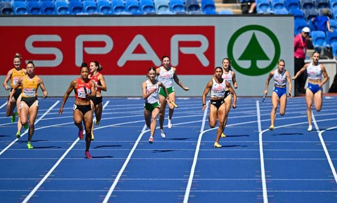 Belgian Delphine Nkansa pictured in action during the first round of the women s 4x100m relay race, on the seventh day of the European Athletics Championships (August 10-18) in Birmingham, United Kingdom, on Saturday 15 August 2026. ERICxLALMAND  x183427412x