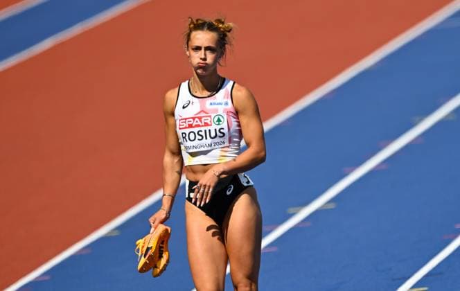 Belgian Rani Rosius pictured after the first round of the women s 4x100m relay race, on the seventh day of the European Athletics Championships (August 10-18) in Birmingham, United Kingdom, on Saturday 15 August 2026. ERICxLALMAND  x183427420x