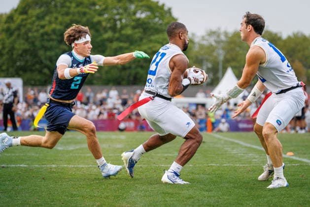 Quarter-final Italy (ITA) vs. Germany (GER), Day 3 Men at IFAF Flag Football Championships Düsseldorf 2026, 15.08.2026 Duesseldorf, Germany - Aug. 15, 2026: JORDAN BOUAH (ITA 23) and Moritz Kulenovic (GER 2) during the Quarter-final match between Italy (ITA) vs. Germany (GER) on the third day of the Men IFAF Flag Football World Championships at the Bezirkssportanlage Duesseldorf Garath *** Quarterfinal: Italy (ITA) vs. Germany (GER), Day 3, Men s Division at the IFAF Flag Football World Championships in Düsseldorf 2026, August 15, 2026, Düsseldorf, Germany, Aug. 15, 2026 JORDAN BOUAH (ITA) 23 and Moritz Kulenovic (GER) 2 during the quarterfinal match between Italy (ITA) and Germany (GER) on the third day of the Men’s IFAF Flag Football World Championships at the Bezirkssportanlage Düsseldorf Garath Copyright: xBEAUTIFULxSPORTS B.Hoffmannx
