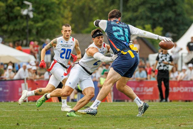 Quarter-final Italy (ITA) vs. Germany (GER), Day 3 Men at IFAF Flag Football Championships Düsseldorf 2026, 15.08.2026 Duesseldorf, Germany - Aug. 15, 2026: Fabian Achenbach (GER 21) and Henry Blackburn (ITA 2) during the Quarter-final match between Italy (ITA) vs. Germany (GER) on the third day of the Men IFAF Flag Football World Championships at the Bezirkssportanlage Duesseldorf Garath *** Quarterfinal: Italy (ITA) vs. Germany (GER), Day 3, Men s Division at the IFAF Flag Football World Championships in Düsseldorf 2026, August 15, 2026, Düsseldorf, Germany, Aug. 15, 2026 Fabian Achenbach (GER), No. 21, and Henry Blackburn (ITA), No. 2, during the quarterfinal match between Italy (ITA) and Germany (GER) on the third day of the Men’s IFAF Flag Football World Championships at the Bezirkssportanlage Düsseldorf Garath Copyright: xBEAUTIFULxSPORTS B.Hoffmannx