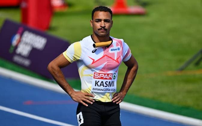 Belgium s Amine Kasmi pictured at the start of the first round of the men s 4x100m relay race, on the seventh day of the European Athletics Championships (August 10-18) in Birmingham, United Kingdom, on Saturday 15 August 2026. ERICxLALMAND  x183428049x