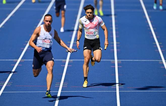 Belgium s CÃ dric Verschueren pictured in action during the first round of the men s 4x100m relay race, on the seventh day of the European Athletics Championships (August 10-18) in Birmingham, United Kingdom, on Saturday 15 August 2026. ERICxLALMAND  x183428748x