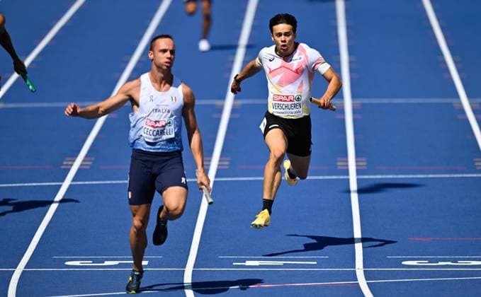 Belgium s CÃ dric Verschueren celebrates as he crosses the finish line at the first round of the men s 4x100m relay race, on the seventh day of the European Athletics Championships (August 10-18) in Birmingham, United Kingdom, on Saturday 15 August 2026. ERICxLALMAND  x183429275x