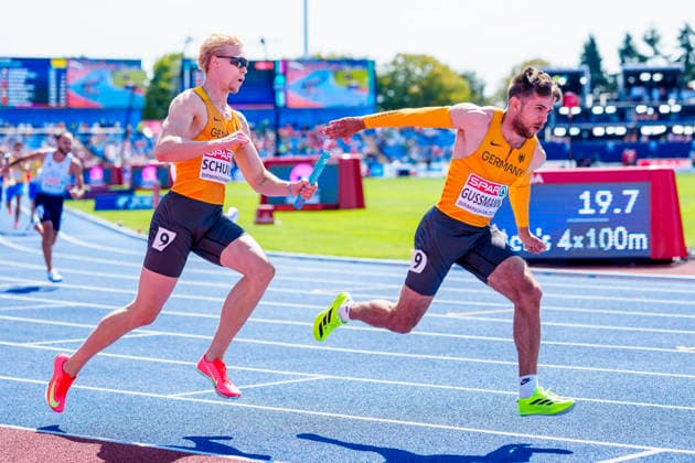 BIRMINGHAM, GREAT BRITAIN - AUGUST 15, 2026 : Marvin SCHULTE (GER Germany) and Heiko GUSSMANN (GER Germany) competing in the 4x100m relay heats during the European Athletics Championships at Alexander Stadium on August 15, 2026 in Birmingham, Great Britain. Great Britain Copyright: xLeahxKohringx