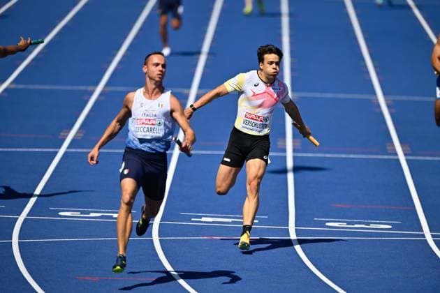 Belgium s CÃ dric Verschueren celebrates as he crosses the finish line at the first round of the men s 4x100m relay race, on the seventh day of the European Athletics Championships (August 10-18) in Birmingham, United Kingdom, on Saturday 15 August 2026. ERICxLALMAND  x183429281x